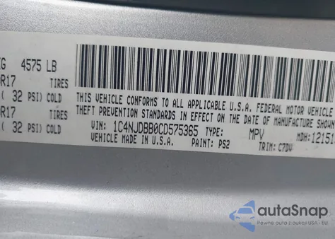 2012 Jeep Compass Sport from USA, damaged, VIN 1C4NJDBB0CD575365